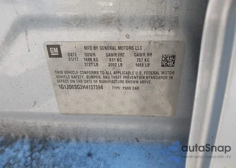 2017 Chevrolet Sonic Lt Auto из США, поврежденный, VIN 1G1JD6SG2H4137394